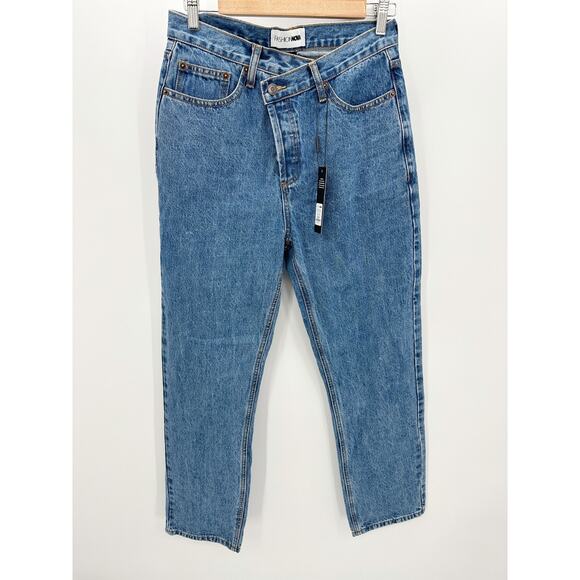 Fashion Nova Jeans Women 3 NWT Blue Medium Wash Crossover Straight Leg - Picture 1 of 10